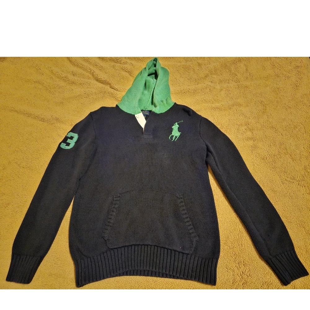 Polo Ralph Lauren Sweater Boys Xl 18-20 Blue Green Knit Hooded Big Pony $20obo